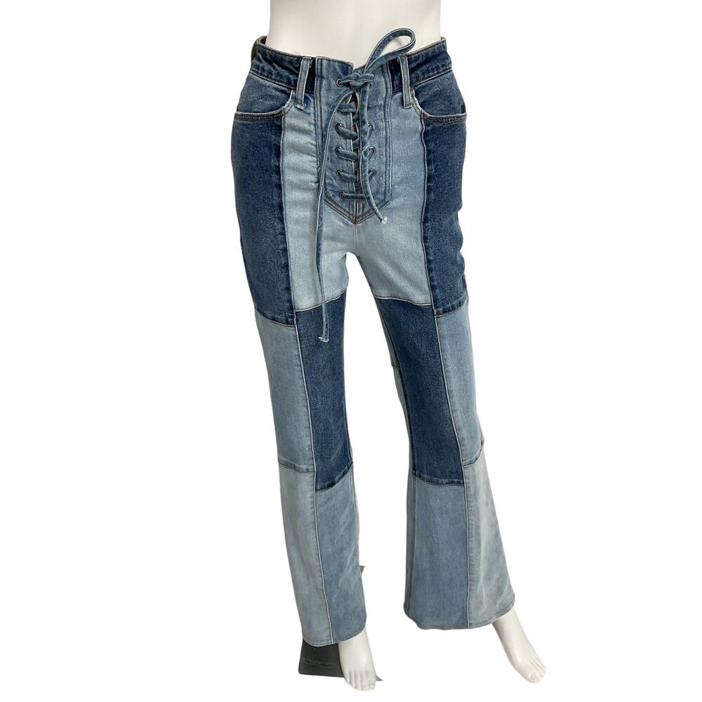Afrm Patchwork Vintage Blue Wash Astrid Pants Size 26 - Picture 2 of 5